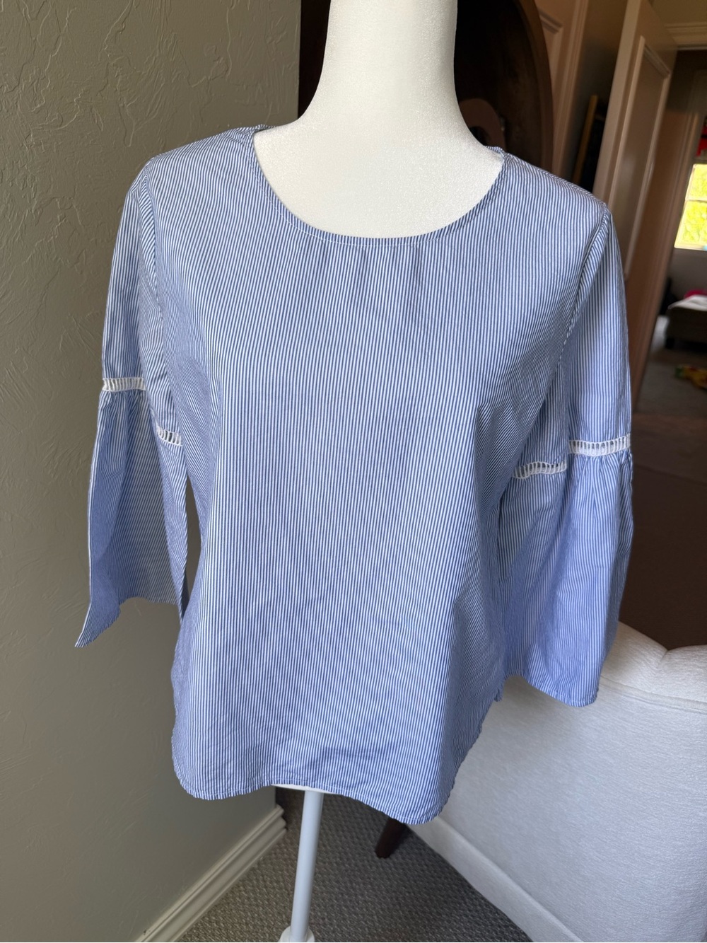 JOES Collection Blue White Striped Cotton Crochet Flare Sleeve Top M